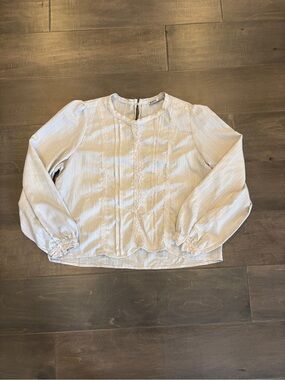 Devoted Light Cream Textured Lace-Trim Long Sleeve Blouse